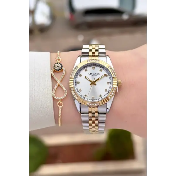 Gold Gümüş Renk 30 mm Kadın Kol Saati ve Bileklik