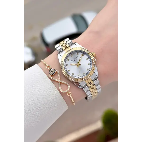 Gold Gümüş Renk 30 mm Kadın Kol Saati ve Bileklik