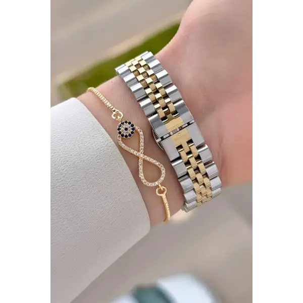 Gold Gümüş Renk 30 mm Kadın Kol Saati ve Bileklik