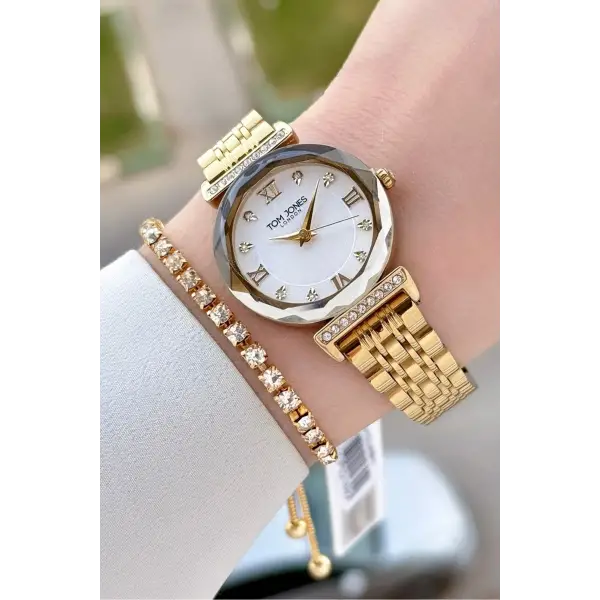 Gold Renk 30 Mm Kadın Kol Saati ve Hediye Bileklik