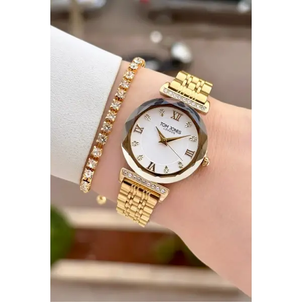 Gold Renk 30 Mm Kadın Kol Saati ve Hediye Bileklik