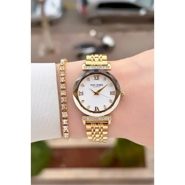 Gold Renk 30 Mm Kadın Kol Saati ve Hediye Bileklik