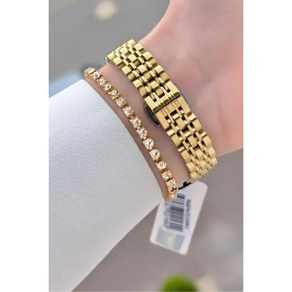 Gold Renk 30 Mm Kadın Kol Saati ve Hediye Bileklik