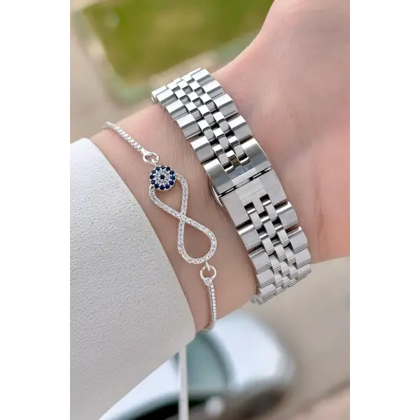 Gümüş Renk 30 mm Kadın Kol Saati ve Bileklik