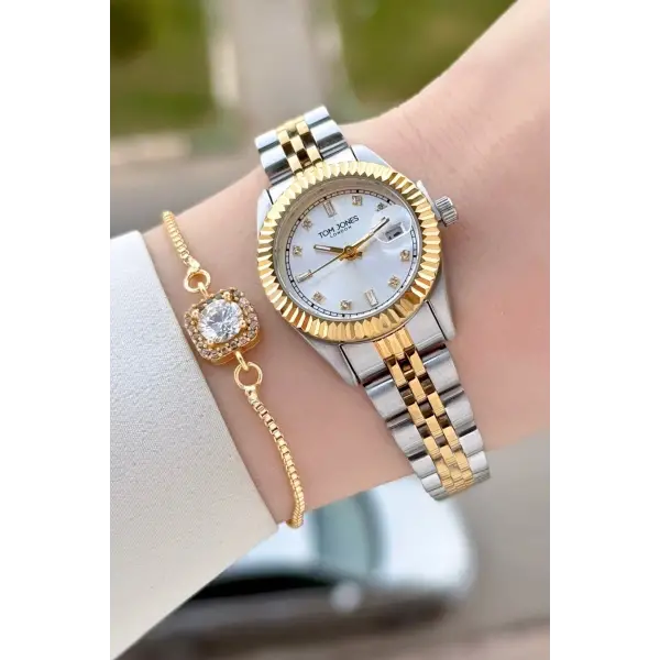 Gold Gümüş Renk 25 Mm Kadın Kol Saati ve Bileklik