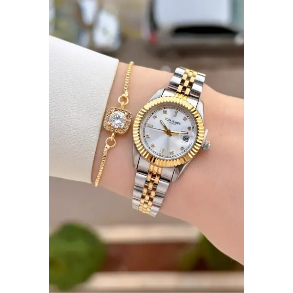 Gold Gümüş Renk 25 Mm Kadın Kol Saati ve Bileklik