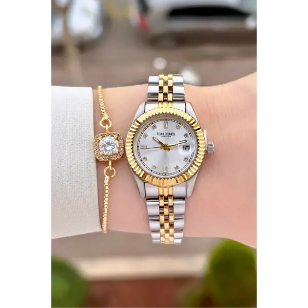 Gold Gümüş Renk 25 Mm Kadın Kol Saati ve Bileklik