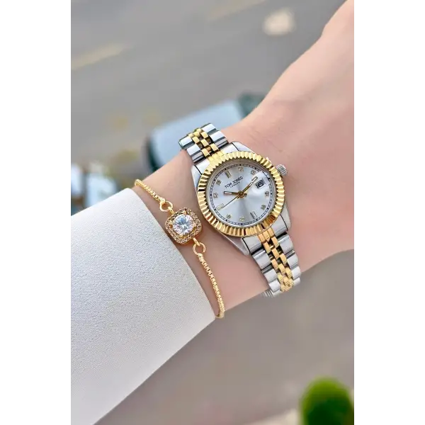 Gold Gümüş Renk 25 Mm Kadın Kol Saati ve Bileklik