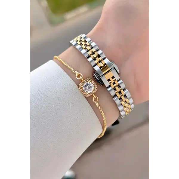 Gold Gümüş Renk 25 Mm Kadın Kol Saati ve Bileklik