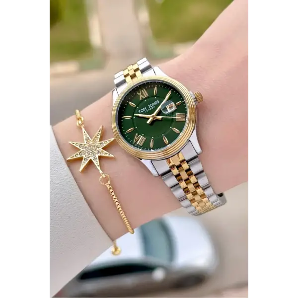 Kadranı Yeşil Gold Gümüş Renk 30 mm Kadın Kol Saati ve Bileklik