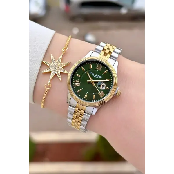 Kadranı Yeşil Gold Gümüş Renk 30 mm Kadın Kol Saati ve Bileklik