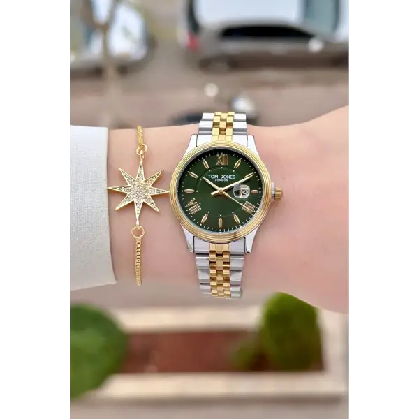 Kadranı Yeşil Gold Gümüş Renk 30 mm Kadın Kol Saati ve Bileklik