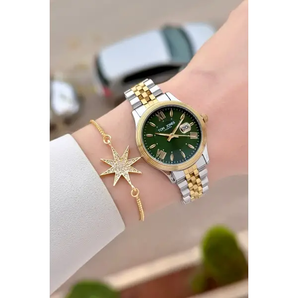 Kadranı Yeşil Gold Gümüş Renk 30 mm Kadın Kol Saati ve Bileklik