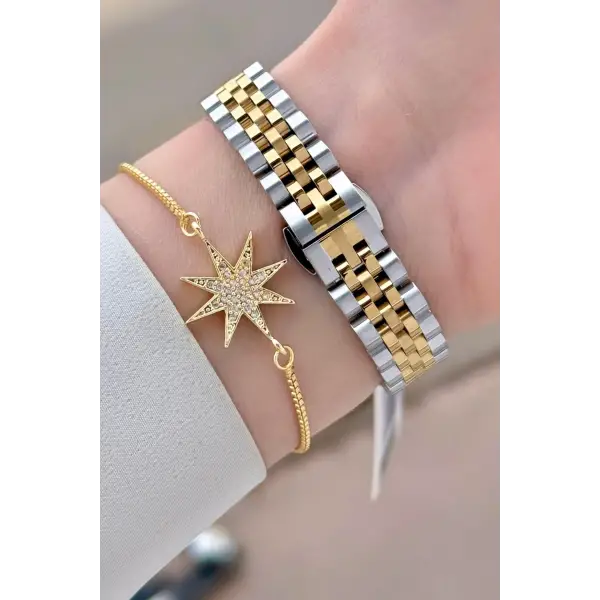 Kadranı Yeşil Gold Gümüş Renk 30 mm Kadın Kol Saati ve Bileklik