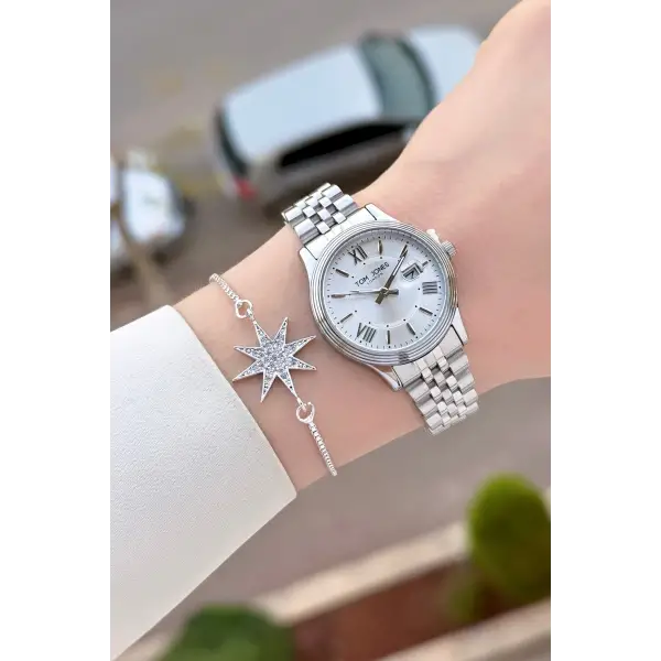 Gümüş Renk 30 mm Kadın Kol Saati ve Bileklik