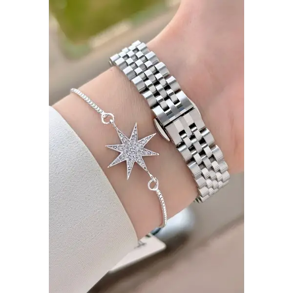 Gümüş Renk 30 mm Kadın Kol Saati ve Bileklik