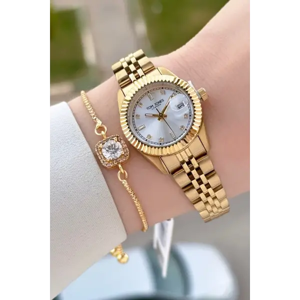 Gold Renk 25 Mm Kadın Kol Saati ve Bileklik