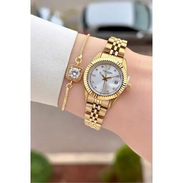 Gold Renk 25 Mm Kadın Kol Saati ve Bileklik