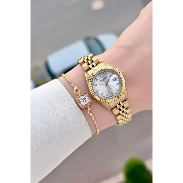 Gold Renk 25 Mm Kadın Kol Saati ve Bileklik