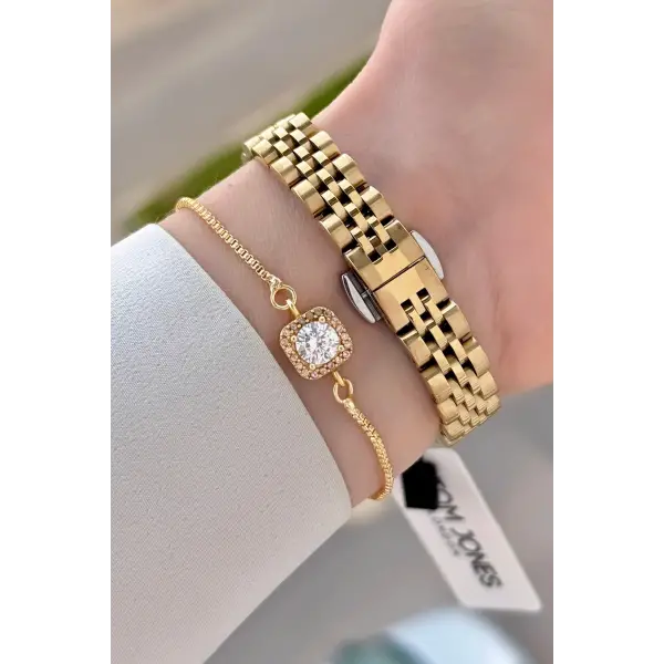 Gold Renk 25 Mm Kadın Kol Saati ve Bileklik