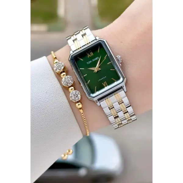 Kadranı Yeşil Gold Gümüş Renk Kadın Kol Saati ve Bileklik