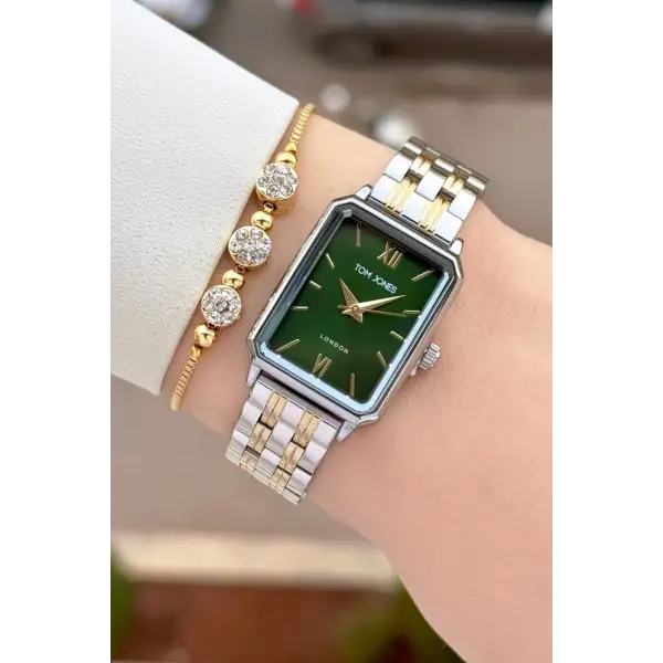 Kadranı Yeşil Gold Gümüş Renk Kadın Kol Saati ve Bileklik