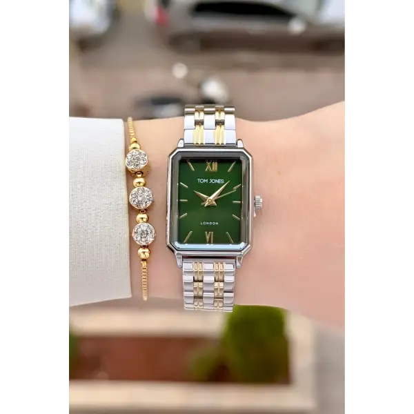 Kadranı Yeşil Gold Gümüş Renk Kadın Kol Saati ve Bileklik