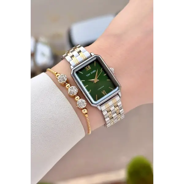 Kadranı Yeşil Gold Gümüş Renk Kadın Kol Saati ve Bileklik