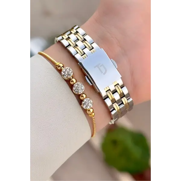 Kadranı Yeşil Gold Gümüş Renk Kadın Kol Saati ve Bileklik