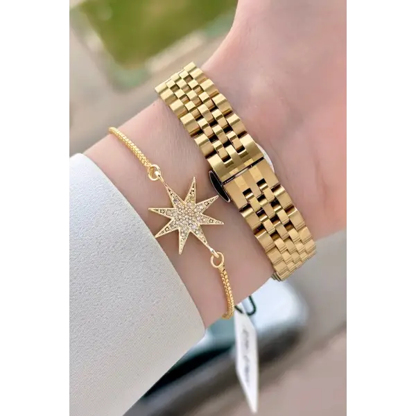 Gold Renk 30 mm Kadın Kol Saati ve Bileklik