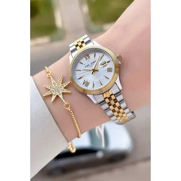 Gold Gümüş Renk 30 mm Kadın Kol Saati ve Bileklik