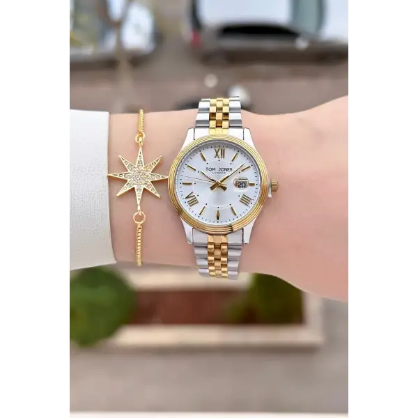 Gold Gümüş Renk 30 mm Kadın Kol Saati ve Bileklik