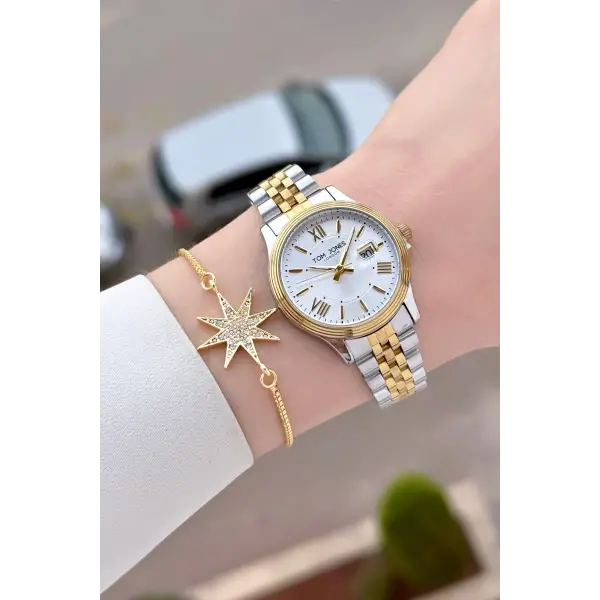 Gold Gümüş Renk 30 mm Kadın Kol Saati ve Bileklik