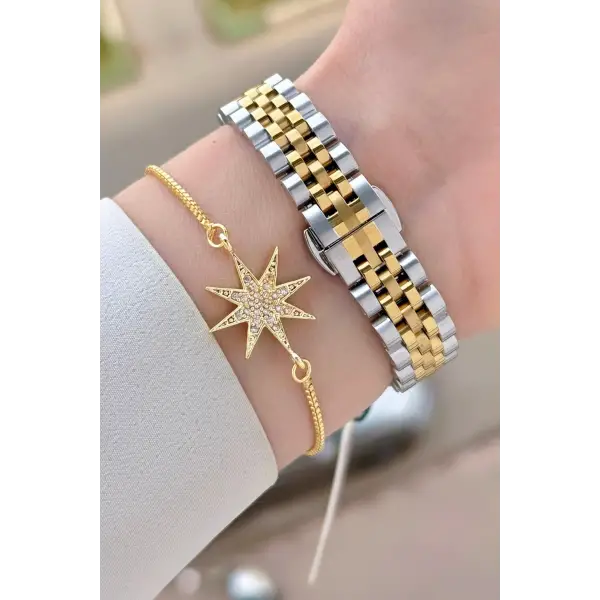 Gold Gümüş Renk 30 mm Kadın Kol Saati ve Bileklik