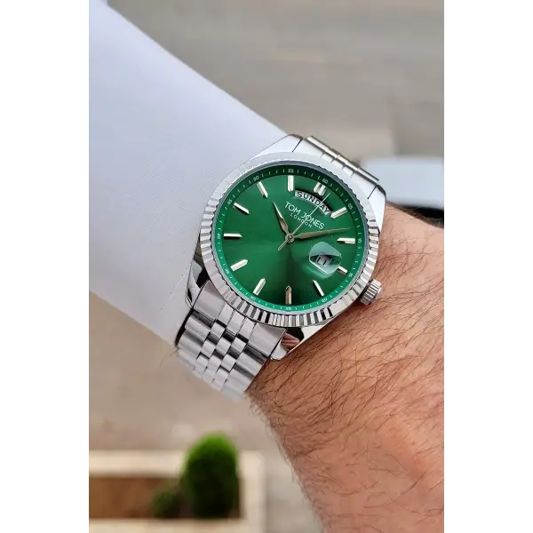 Kadranı Yeşil Kordonu Gümüş Renk 40 mm Erkek Kol Saati