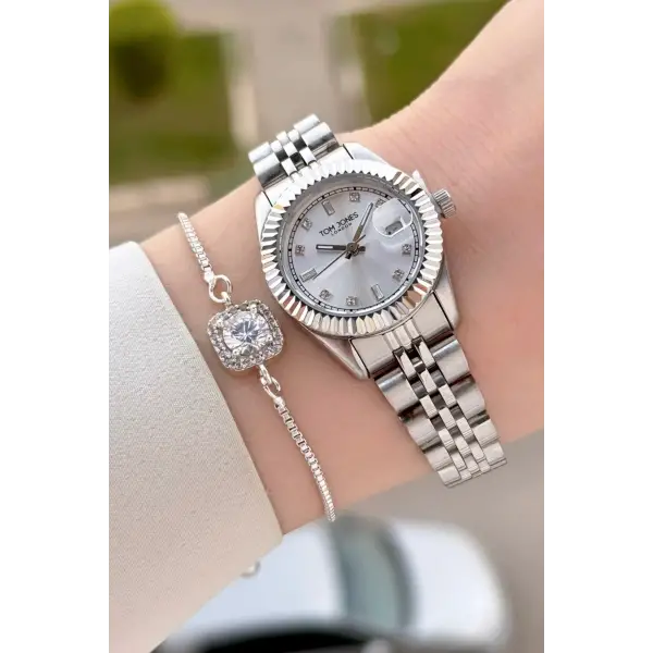 Gümüş Renk 25 Mm Kadın Kol Saati ve Bileklik