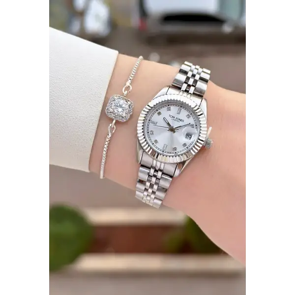 Gümüş Renk 25 Mm Kadın Kol Saati ve Bileklik