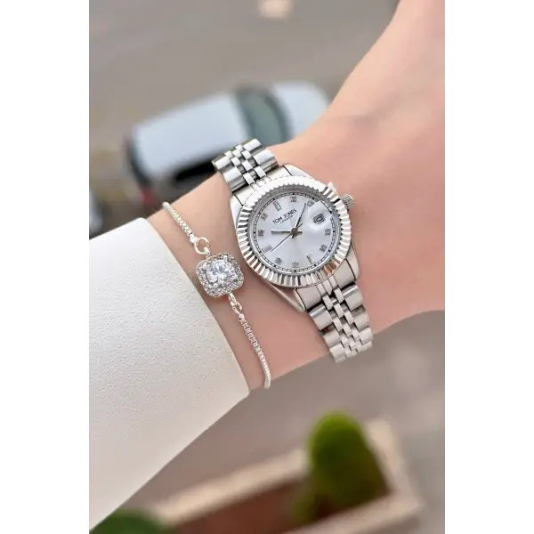 Gümüş Renk 25 Mm Kadın Kol Saati ve Bileklik