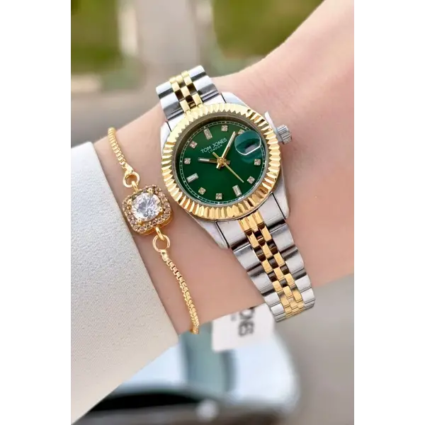 Kadranı Yeşil Gold Gümüş Renk 25 Mm Kadın Kol Saati ve Bileklik