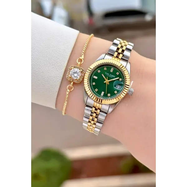 Kadranı Yeşil Gold Gümüş Renk 25 Mm Kadın Kol Saati ve Bileklik