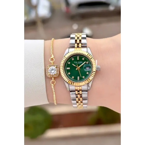 Kadranı Yeşil Gold Gümüş Renk 25 Mm Kadın Kol Saati ve Bileklik