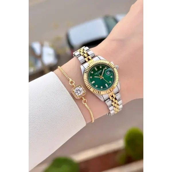 Kadranı Yeşil Gold Gümüş Renk 25 Mm Kadın Kol Saati ve Bileklik