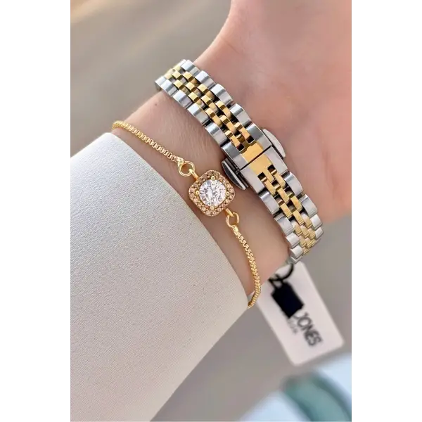 Kadranı Yeşil Gold Gümüş Renk 25 Mm Kadın Kol Saati ve Bileklik