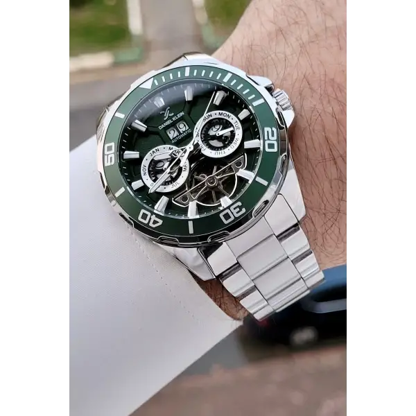 Kadranı Yeşil Kordonu Gümüş Renk Otomatik Takvimli Hediye Paketli Erkek Kol Saati