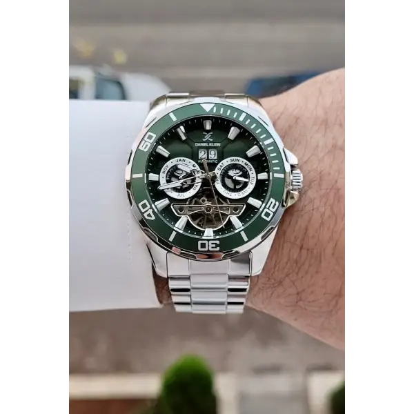 Kadranı Yeşil Kordonu Gümüş Renk Otomatik Takvimli Hediye Paketli Erkek Kol Saati