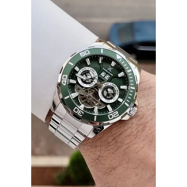 Kadranı Yeşil Kordonu Gümüş Renk Otomatik Takvimli Hediye Paketli Erkek Kol Saati