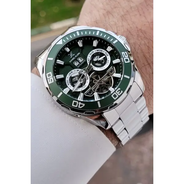 Kadranı Yeşil Kordonu Gümüş Renk Otomatik Takvimli Hediye Paketli Erkek Kol Saati