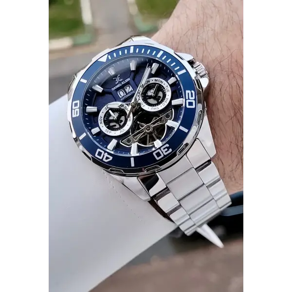 Kadranı Lacivert Kordonu Gümüş Renk Otomatik Takvimli Hediye Paketli Erkek Kol Saati