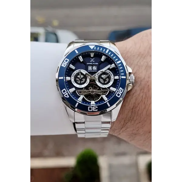 Kadranı Lacivert Kordonu Gümüş Renk Otomatik Takvimli Hediye Paketli Erkek Kol Saati