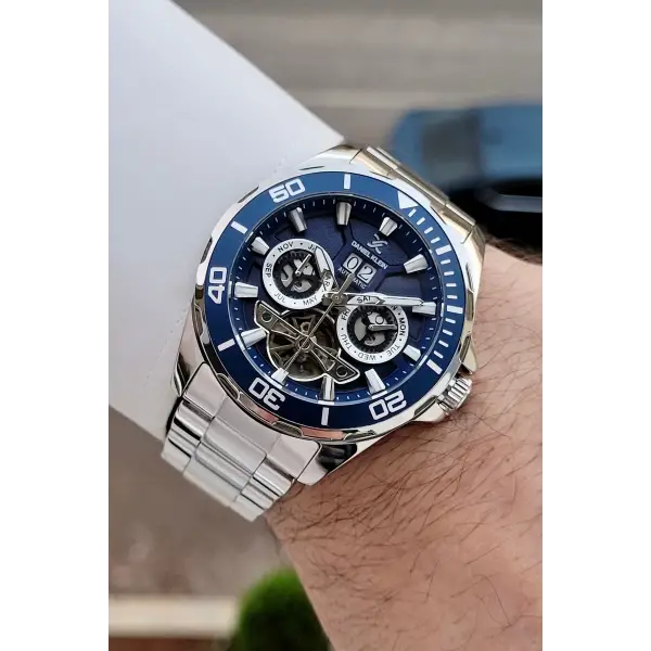 Kadranı Lacivert Kordonu Gümüş Renk Otomatik Takvimli Hediye Paketli Erkek Kol Saati